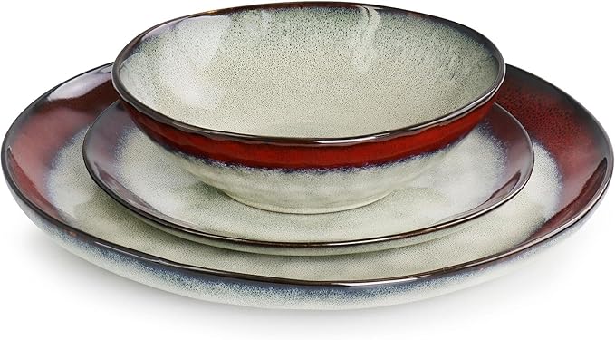 12 Piece Stoneware Dinnerware Set – Ombre Color Rim Plates and Bowls Microwave &amp Dishwasher Safe Dinner Set for 4 (Off White with Red Rim)