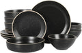 Gibson Home Dinah 16-Piece Matte Black Stoneware Dinnerware Set – Double Bowl Embossed Speckled Design Durable Kitchen Dinner Set