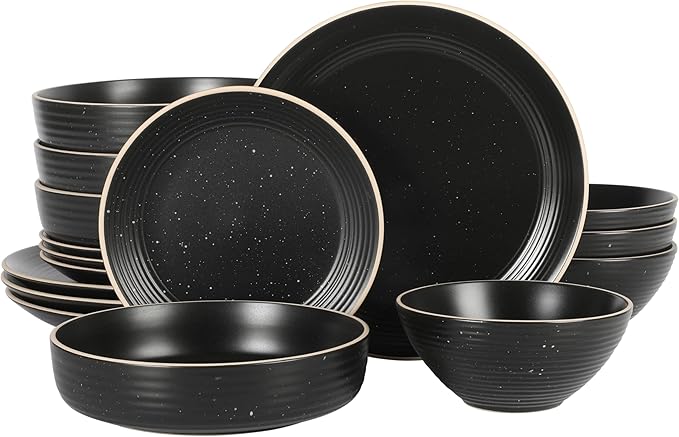 Gibson Home Dinah 16-Piece Matte Black Stoneware Dinnerware Set – Double Bowl Embossed Speckled Design Durable Kitchen Dinner Set