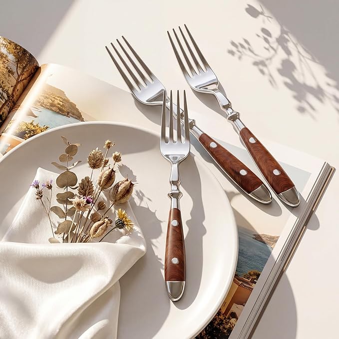 Dinner Forks 8-Pack Stainless Steel Dinner Forks 7.9 Inches with Wood Grain Bakelite Handle For Salad Noodle Dishwasher Safe