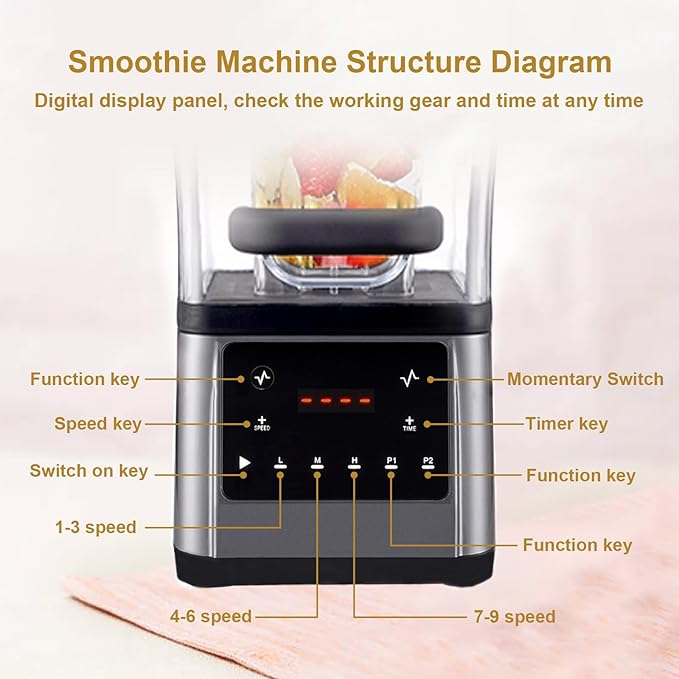 Blender Smoothie Maker 2200 W Home Food Grinder 1.6 L 9 Adjustable Speeds Alloy Six-Blade Blade Assembly Up to 48000 RPM Smooth Crushing of Ice/Fruits with Push Bar