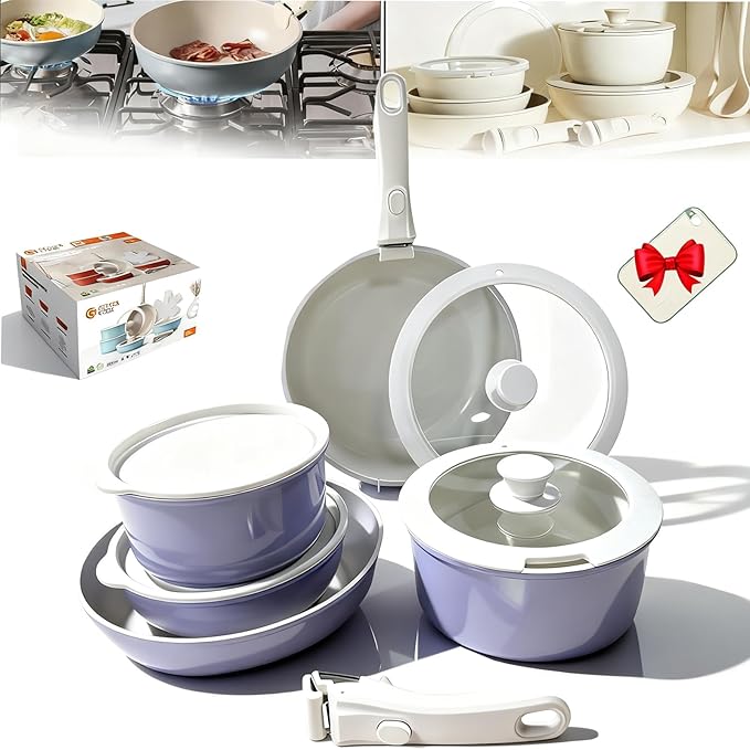 Cookware Set Ceramic Cookware Set Removable Handle 2026 New 11 Piece Nonstick Detachable Handle Cookwares Non Stick Cookwares Sets for Kitchen (Pink11pcs)
