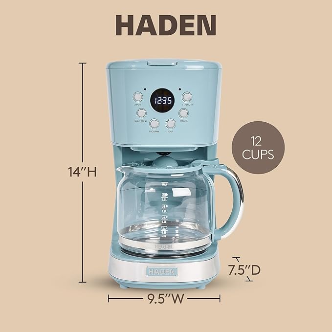 Haden Brighton Coffee Machine 12 Cup Programmable Drip Coffee Maker with Auto Shut-Off Function and Reusable Washable Water Filter Sky Blue &amp Chrome