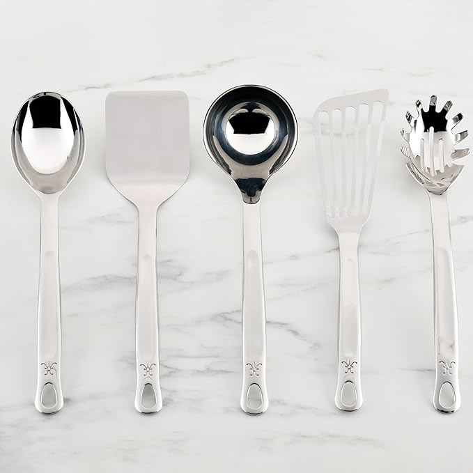 Hestan Provisions Chef's Tools Essential Set (5-Piece) Stainless Steel Solid Spoon Ladle Pasta Fork Turner/Spatula Fish Spatula