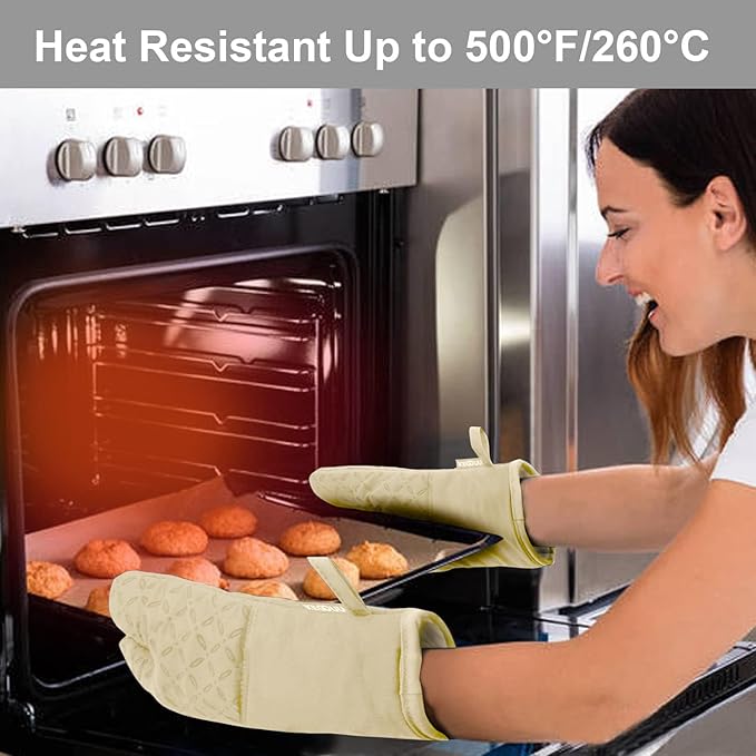 KEGOUU Oven Mitts and Pot Holders 6pcs Set Kitchen Oven Glove High Heat Resistant 500 Degree Extra Long Oven Mitts and Potholder with Non-Slip Silicone Surface for Cooking (Beige)