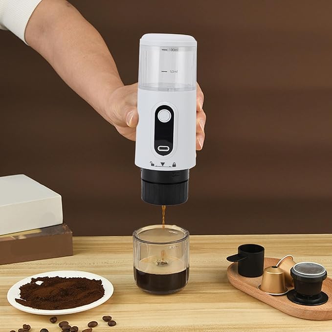 Portable Electric Espresso Machine Rechargeable Travel Coffee Maker Handheld Car Coffee Maker for Camping Hiking Office Powder and Capsules Compartment (White)