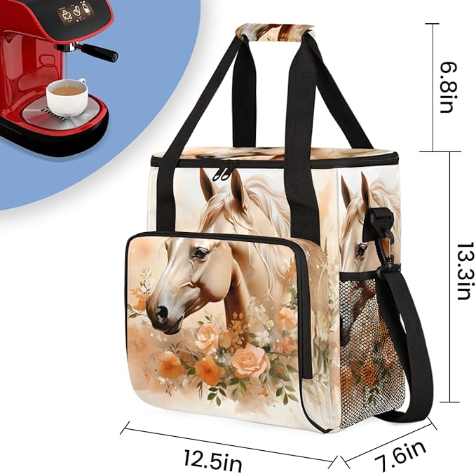 Horse Coffee Maker Carrying Bag Flowers Horse Portable Travel Storage Tote Bag Compatible with K-Mini or K-Mini Plus Single Serve Coffee Brewer Carrying Case with Multiple Pockets &amp Shoulder Str