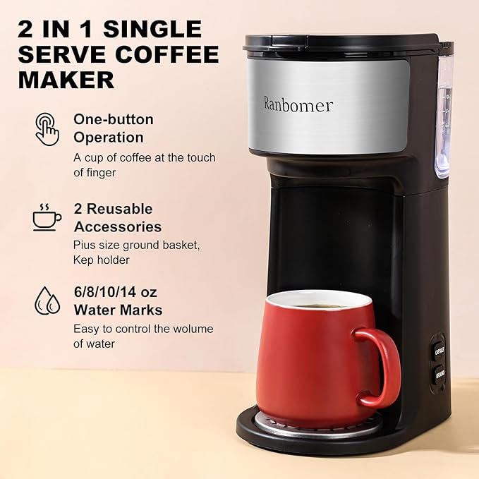 K Cup Coffee Maker Single Serve coffee machine or Ground Coffee Machine 2 in 1 6 to 14 Oz Brew Sizes Mini One Cup Coffee Maker with Self cleaning Function Fits Travel Mug Black