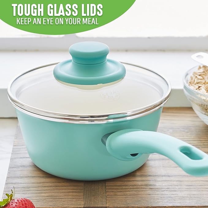 GreenLife Soft Grip Healthy Ceramic Nonstick Cookware Set 7 10 and 12 Frying Pan Skillets 1QT and 2QT Saucepans with Lids PFAS &amp PFOA-Free Dishwasher Safe Turquoise