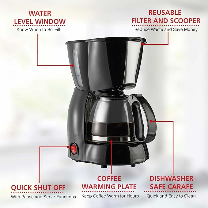 4 Cup Coffee Maker with Glass Carafe – Compact Drip Brewer with Reusable Filter Warming Plate BPA-Free Design Black White and Blue (Black)