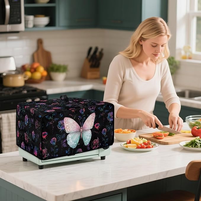Butterfly Rose Print Toaster Oven Cover Wide Slot Washable Dustproof Bread Maker Covers Compatible with Air Fryer Toaster Smart Oven 18.5 x 14.5 x 9 Black