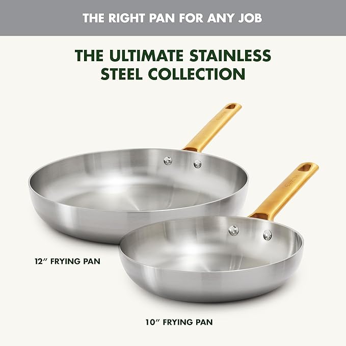 GreenPan Stainless Steel Tri-Ply Reserve 10” and 12” Frying Pan Skillet Set Multiclad Cookware Induction Oven &amp Broiler Safe to 600°F Heat Responsive Core Dishwasher Safe Gold Handles