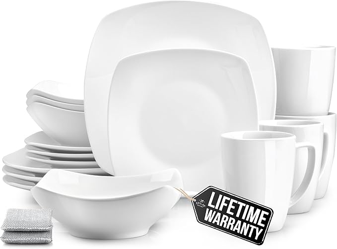 Zulay Kitchen Luna Plates and Bowls Sets 16 Piece Modern Porcelain Dish Set for 4 Chip and Scratch Resistant Square Dinnerware Set Microwave and Dishwasher Safe Pearl White