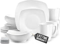 Zulay Kitchen Luna Plates and Bowls Sets 16 Piece Modern Porcelain Dish Set for 4 Chip and Scratch Resistant Square Dinnerware Set Microwave and Dishwasher Safe Pearl White