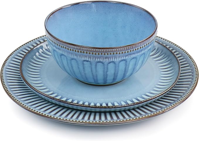 16 Piece Reactive Glaze Stoneware Dinnerware Set – Blue Embossed Dish Set with Service for 4 – Microwave &amp Dishwasher Safe Plates and Bowls