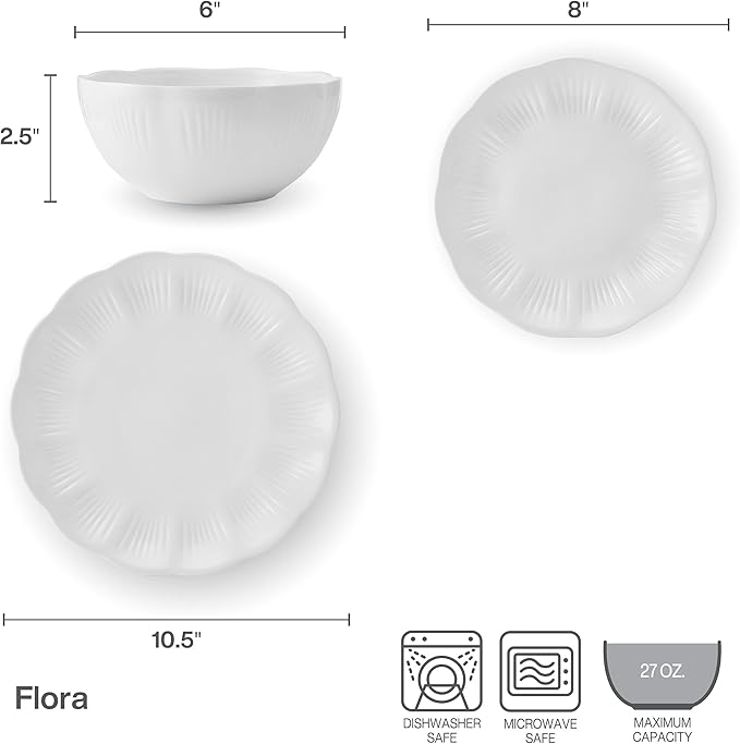 Mikasa Flora Scalloped Lightweight Chip Resistant Bone China 12 Piece Plate Bowl Dinnerware Set Service for 4 White
