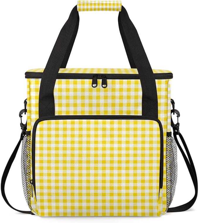 Yellow Plaid Coffee Maker Carrying Bag Portable Travel Storage Tote Bag Compatible with K-Mini or K-Mini Plus Single Serve Coffee Brewer Carrying Case with Multiple Pockets &amp Shoulder Strap