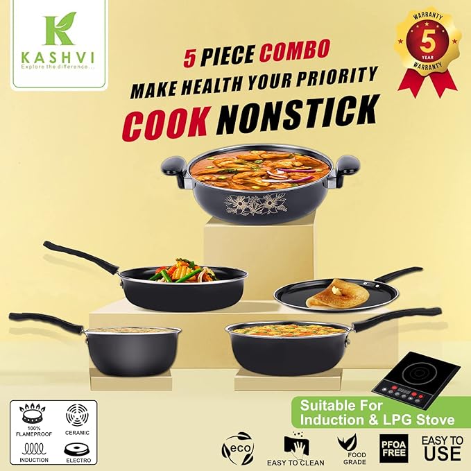 Kashvi Premium 6-Piece Non-Stick cookware Set for Daily Home Cooking Includes Fry pan Saucepan kadai with lid Small tadka tawa Kitchen Utensils.