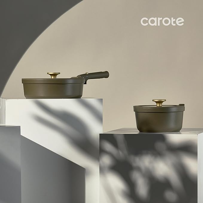 Carote 21pcs Ceramic Cookware Set with Detachable Handles Pots and Pans Set Non Stick RV Kitchen Cooking Pot and Pan Dishwasher Safe Non-toxic Induction Cookware PFAS and PFOA Free Olive Green