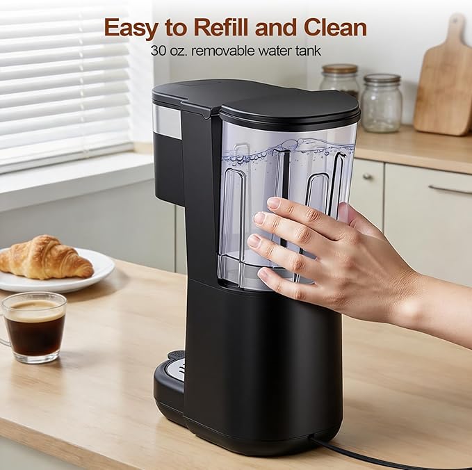 All-in-1 Single Serve Coffee Maker Fit 7.8 Travel Mug Hot &amp Iced K Cup Coffee Machine with 5 Brew Sizes One Cup Coffee Maker with Descaling and Low Water Alert 30oz Removable Reservoir Black