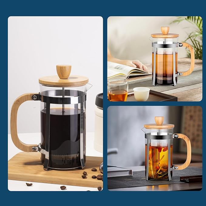 MERMOO YILAN French Press Coffee Maker &amp Tea Press 20oz Borosilicate Glass Carafe Plastic-Free Small Coffee Maker for Loose Leaf Tea Cold Brew &amp Milk Frothing Includes Measuring Spoon