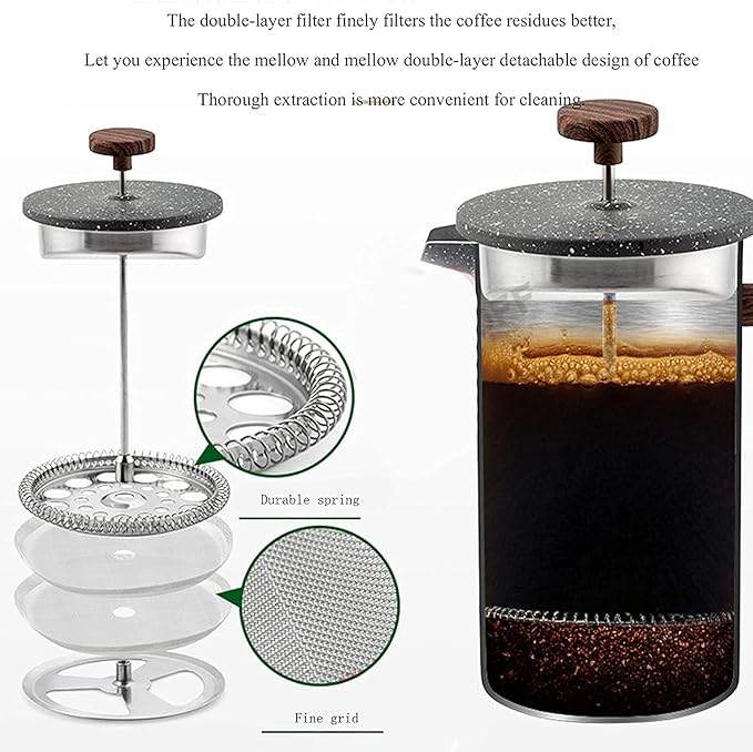 French Press Coffee Maker- Insulated Stainless Steel Manual Coffee Makers For Home Camping w/Travel Canister- Presses 4 Cup Serving- Large Gray