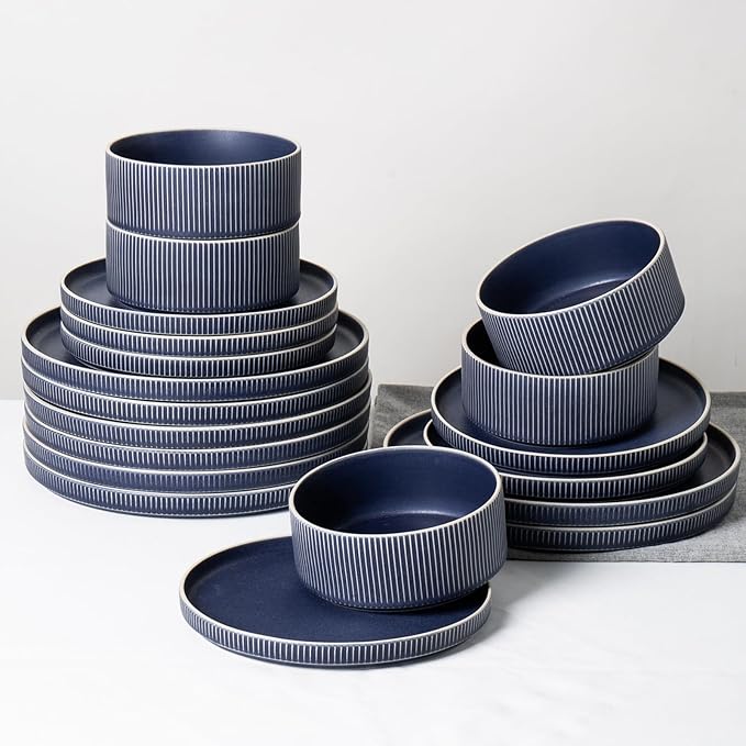 Dinnerware Set Service for 8 24-Piece Ceramic Plates and Bowls Set Chip &amp Scratch Resistant Microwave and Dishwasher Safe Modern Minimalist Tableware for Everyday Use Matte Blue