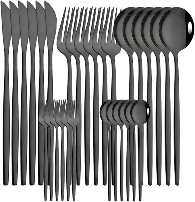 pureza 30Pcs Stainless Steel Black Gold Dinnerware Set - Cutlery Set For Kitchen &amp Dining Table(Black)