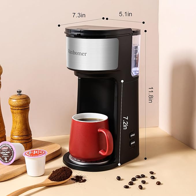 K Cup Coffee Maker Single Serve coffee machine or Ground Coffee Machine 2 in 1 6 to 14 Oz Brew Sizes Mini One Cup Coffee Maker with Self cleaning Function Fits Travel Mug Black