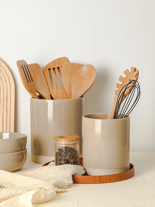 Famiware Nebula Plates and Bowls Set of 12 and Milkyway Kitchen Utensil Holder for Countertop Set of 2 14 Pieces Dinnerware Sets Cinnamon Brown