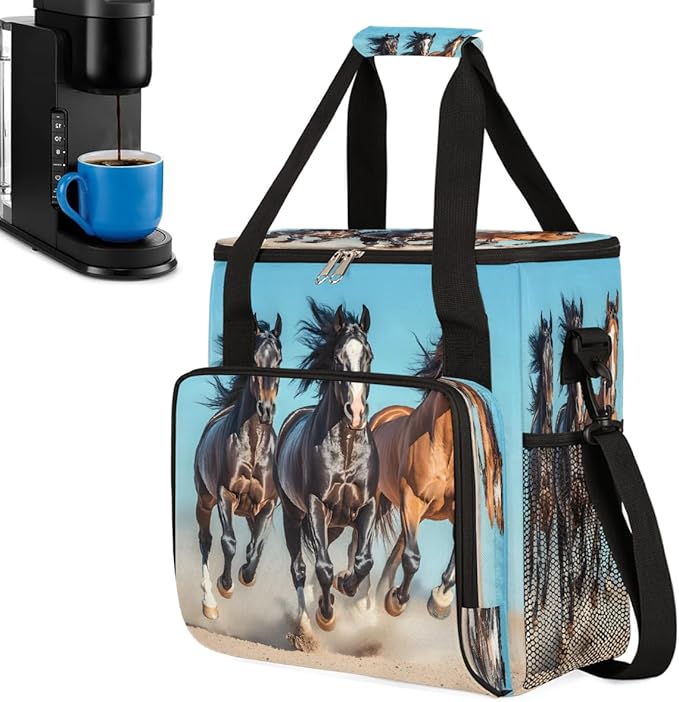 Running Black Horse Coffee Maker Carring Bag Travel Carrying Storage Tote Bag Compatible with Keurig K-Mini or K-Mini Plus Portable Single Serve Coffee Brewer Case with Pockets for K-cup Pods