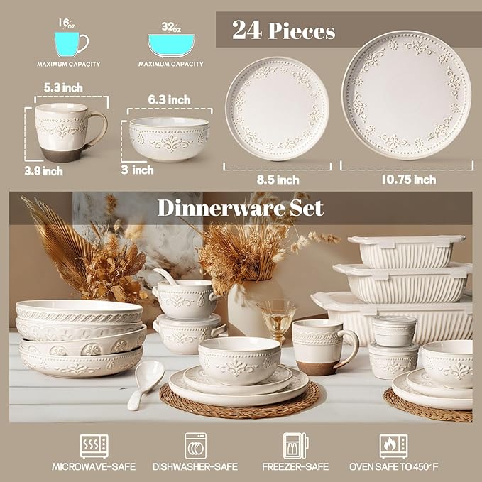 Artena Plates And Bowls Sets 24 Pieces Dinnerware Sets Dish Set For 6 Ceramic Kitchen Bowl And Plate Set Embossed White Dishware Sets Dishwasher &amp Microwave Safe (Damask Floral) (With Mugs)