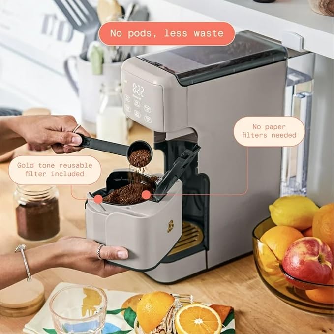 B - Perfect Grind Programmable Single-Serve Coffee Maker with Built-In Grinder Fresh Ground Brewing Touch Controls Reusable Filter Compact Countertop Design (Porcini Taupe)