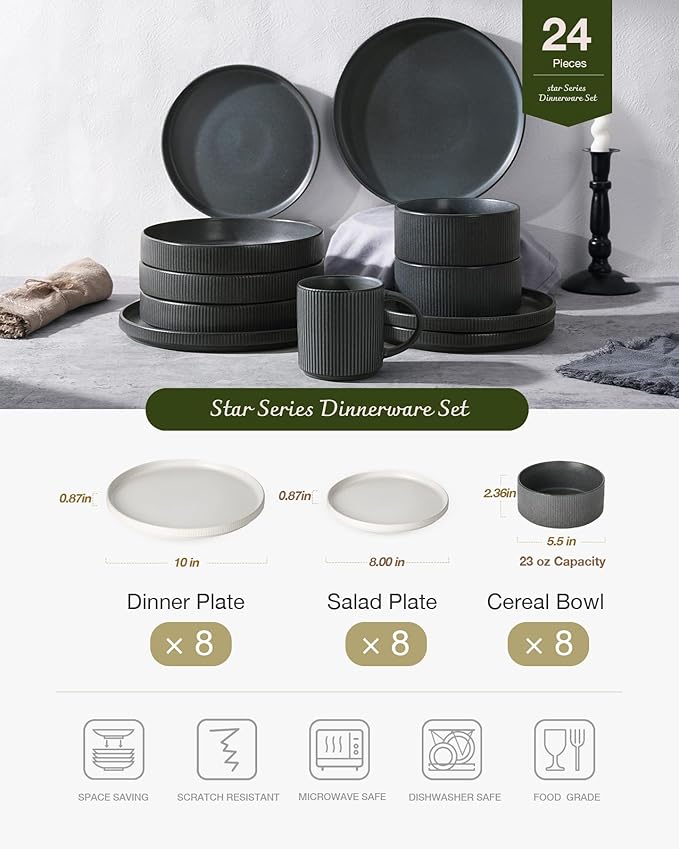 Famiware Star Dinnerware Set Plates and Bowls Sets for 8 (24pcs) Ribbed Stoneware Dishes - Chip &amp Scratch Resistant Microwave &amp Dishwasher Safe Multicolor - Matte White &amp Matte Dark Ch