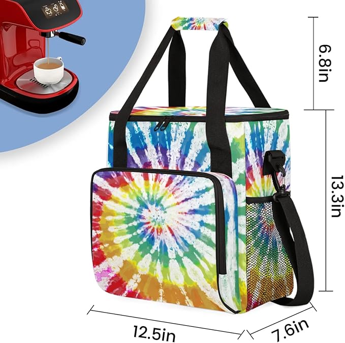 Tie-Dye Coffee Maker Travel Bag for Keurig K-Mini/K-Mini Plus Insulated Waterproof Tote with Pockets for K-Cup Portable Single-Serve Brewer Case