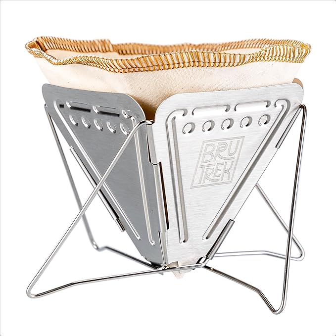 Planetary Design BruTrek Collapsible Pour Over Camping Coffee Maker - Stainless Steel Pour Over Reusable Cotton CoffeeSock Filters Canvas Carrying Bag Compact Lightweight Design