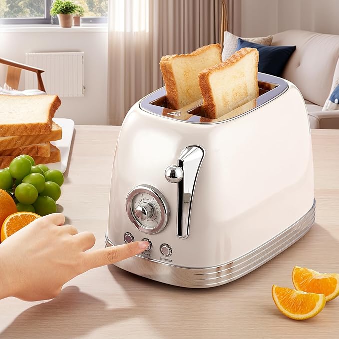 Beige Cute Retro Toaster 2 Slice with 1.58 Wide Slots Bread toaster with Cover and Warm Rack Stainless Steel Toasters with Removable Crumb Tray Preheat Defrost Cancel Function (Cream)