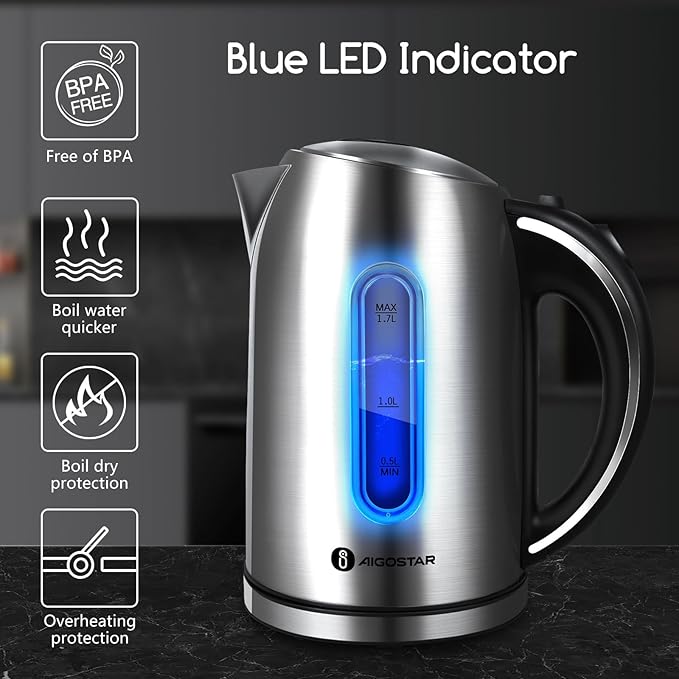 Aigostar Toaster 4 Slice 1.6 Wide Slot Stainless Steel Toasters with Bagel Reheat Cancel Defrost Function and Electric Kettle 1.7L Electric Tea Kettle with LED Illumination