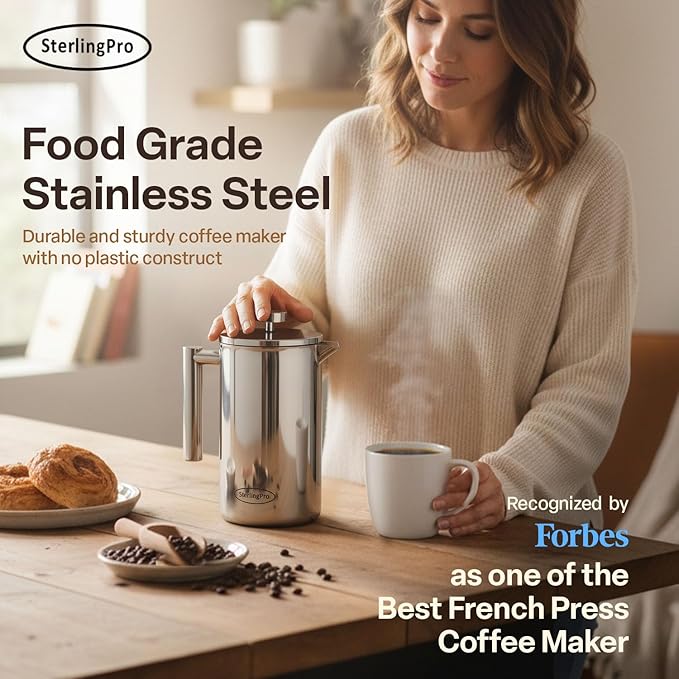 Stainless Steel French Press Coffee Maker 1 L (34 oz) Mirror – Double Walled Insulated Large Coffee Press Durable Design Keeps Drinks Hot Easy to Use and Clean for Rich Flavor Brewing