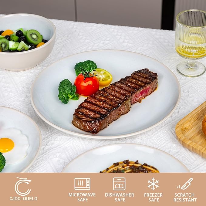 Plates and Bowls Sets for 4 - CJDC-QUELO 16-Piece Stoneware Dinnerware Sets Ceramic Dishware Set for Kitchen Use and Formal Dining Chip and Scratch Resistant Microwave Dishwasher Safe Off White