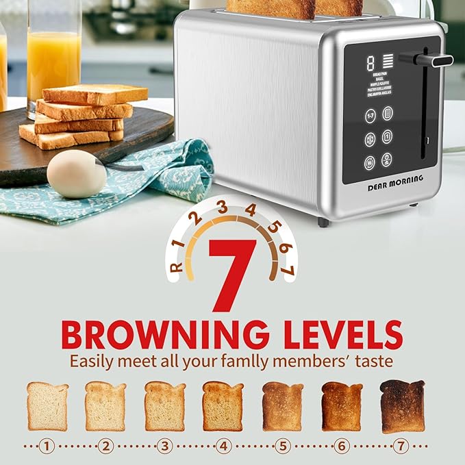Smart Toaster Digital Tuch Screen Toasters with 5 Bread Selection 7 Shade Setting and Bagel/Defrost/Cancel/Reheat Function 1.5” 2 Slice Stainless Steel Tostadora with Removable Crumb Tray
