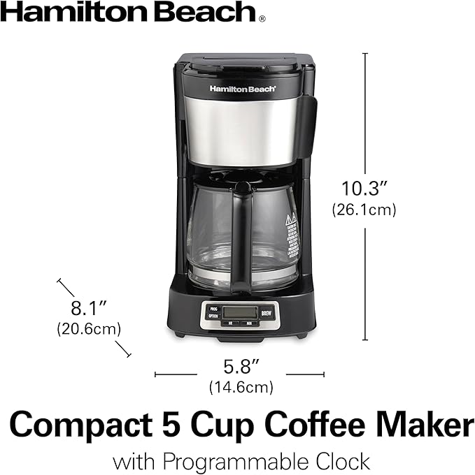Hamilton Beach 5 Cup Drip Coffee Maker with Easy FrontFill Basket Compact Design Programmable Clock Glass Carafe Auto Pause and Pour Black &amp Stainless Steel (46111)