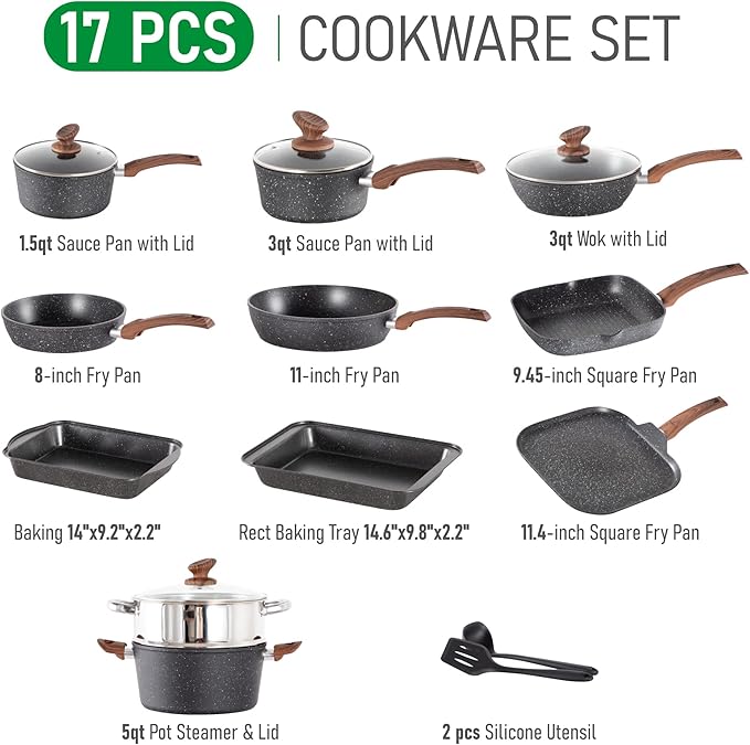 MAISON ARTS 17 Piece Pots and Pans Set Non Stick Kitchen Cookware Sets with Nonstick Granite Stone Coating Suitable for Induction Cooktops Black