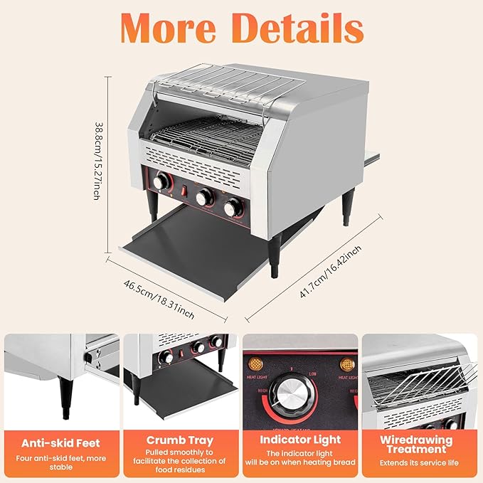 150/450 Slices/Hour Commercial Conveyor Toaster Stainless Steel Heavy Duty Industrial Bread Baking Machine w/ 3 Ring Heating Tubes for Baking Sliced Bread Toast (2600W(TT-450L))