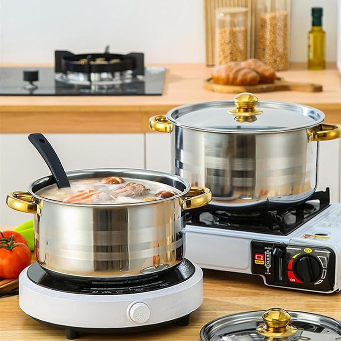 Stainless Steel Cookware Set – Kitchen Cooking Gadget Kit with Non Stick Versatile Potware for Pasta Soup Stewing | Household Camping Dorm Apartment Everyday Food Making