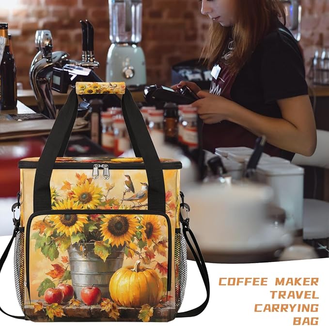 Sunflower Pumpkin Apple Bird Coffee Maker Carring Bag Travel Carrying Storage Tote Bag Compatible with Keurig K-Mini or K-Mini Plus Portable Single Serve Coffee Brewer Case with Pockets