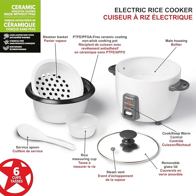 Starfrit Electric Rice Cooker - 6 Cups - Steamer Basket Measuring Cup &amp Service Spoon - 300W - Makes Perfect Rice!
