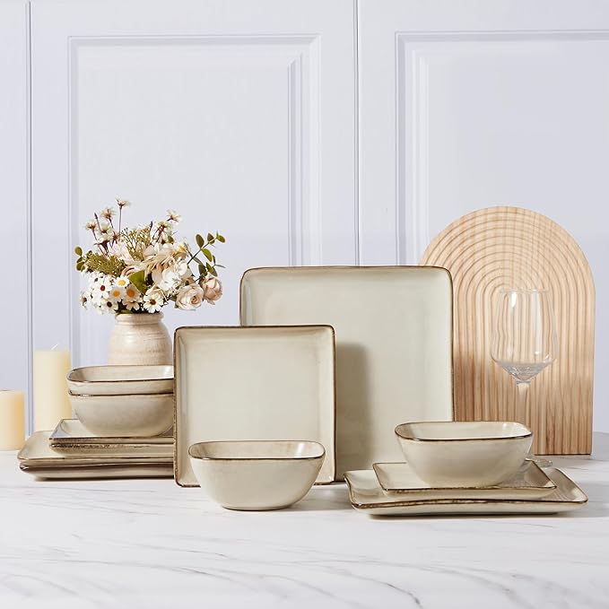 Vesteel 12 Pieces Square Dinnerware Sets Ceramic Plates and Bowls Sets for 4 Handmade Reactive Glaze Dishes Set for Kitchen Dining Microwave &amp Dishwasher Safe Khaki