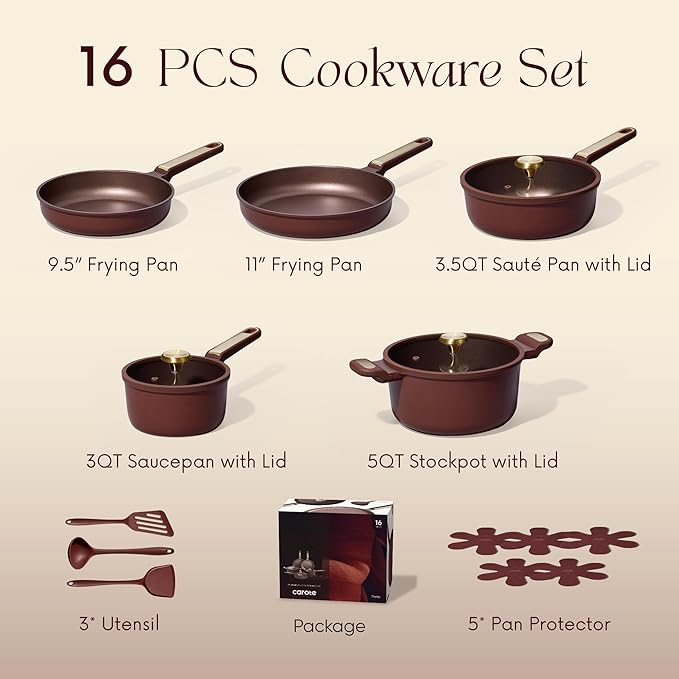 CAROTE Pots and Pans Set Nonstick 16pcs Cookware Set Nonstick Non-Toxic &amp PFOA&ampPFOS-Free Dishwasher RV/Camping Cookware Set Cooking Pots with LidsWine Red
