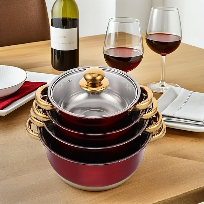 Stainless Steel Cookware Set with Nonstick Surface and Gold Handles Kitchen Pots and Pans for Frying Baking and Cooking Vibrant Wine Red Color Compatible with Multiple Heat Sources